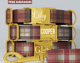 Bordeauxrode tartan geruite kersthalsband voor honden, gepersonaliseerde halsband met naam, feestelijk winteraccessoire voor huisdieren, gratis gravure (OG-304)