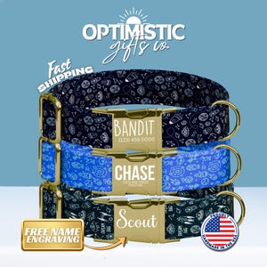 Personalized Space Rockets Dog Collar with Name Engraved Cute & Soft Adjustable Collar Leash Set Unique Astronaut Pet Dog Tag Gift (OG-76)