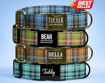 Plaid Personalized Dog Collar Custom Vintage Tartan Collar & Leash Set Gift for Pets (OG-211)