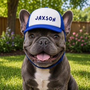 May include: A blue and white trucker hat featuring the name JAXSON printed in blue letters on the front panel. The hat has a white foam front, a blue brim, and blue mesh side panels, worn by a gray French Bulldog with a white chest patch.