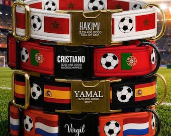 Aangepaste voetbalhalsband WK-halsband gepersonaliseerde vlag huisdierhalsband Marokko Portugal Spanje Nederland hondenaccessoire (OG-645)