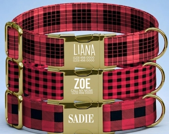 Ensemble collier et laisse personnalisés à carreaux rouges pour chien, cadeau pour animal de compagnie avec médaille d'identification personnalisée (OG-16)