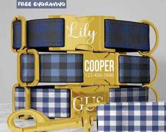 Conjunto de coleira e guia personalizadas xadrez azul, coleira xadrez personalizada para cães de pequeno, médio e grande porte, acessório ajustável para filhotes (OG-271)