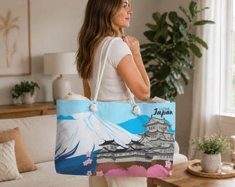 Japan Weekender Bag, Travel Tote, Mount Fuji Sakura Large Beach Bag, Japanese Overnight Bag Gift for Mom