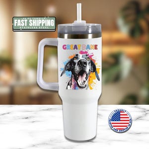 Great Dane Dog Tumbler with Colorful Watercolor Dog Design 40oz Tumbler with Handle & Straw Great Dane Pet Cup Gift for Great Dane Lovers