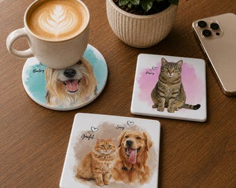 Kundenspezifisches Haustier-Porträt-Keramik-Untersetzer, Aquarell-Hunde- oder Katzen-Denkmalgeschenk, personalisierter Haustier-Liebhaber-Getränkeuntersetzer-Wohnkultur