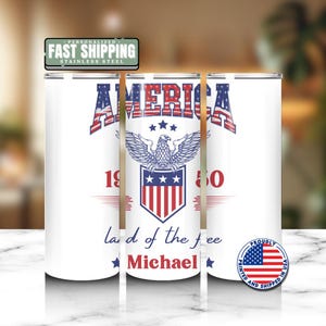 Personalized America Land of the Free Tumbler 20 oz Skinny Coffee Cup Custom Name Gift Travel Mug Patriotic Gift Cup Military Name Tumbler