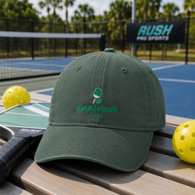 Op de afbeelding: Een donkergroene baseballpet met een geborduurde afbeelding van een pickleball-racket en een bal, met de tekst "pickleball MAMA" in groen garen op het voorpaneel gestikt. De pet heeft een gebogen klep en een gestructureerde kroon.