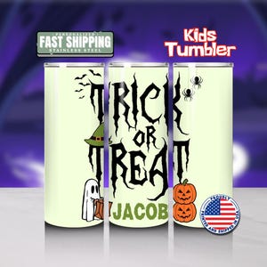 Personalized Halloween Kids Tumbler 20 oz Skinny Tumbler with Name Trick or Treat Pumpkins & Spiders Cup for Kids Halloween Gift Drinkware