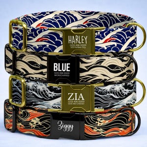 Personalized Japanese Wave Dog Collar and Leash Set, Custom Floral Pet Collar with Metal Buckle, Adjustable Dog Accessories (OG-455)