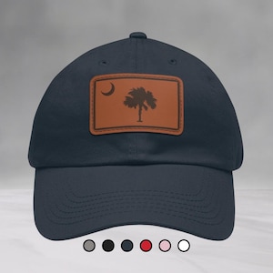 South Carolina Flag Palmetto Tree Hat, Leather Patch Cap, SC State Pride