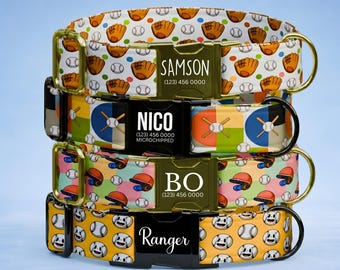 Custom Baseball Dog Collar Personalized Pet Name & Phone Sport Pup Leash Dog Gift (OG-576)