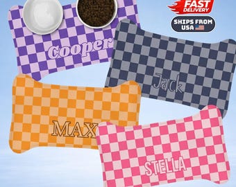 Personalized Checkered Bone Dog Feeding Mat, Custom Name Pet Placemat
