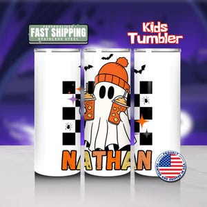 Personalized Halloween Tumbler for Kids 20 oz Skinny Tumbler with Name Cute Ghost Design Fall Gift for Boys & Girls Halloween Tumbler Gift