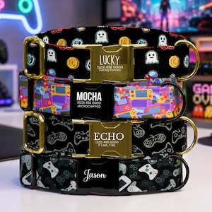 Custom Gamer Dog Collar Retro Video Game Print Pixel Ghost Controller Design Fabric Pet Collar for Small Medium Large Dogs (OG-695)