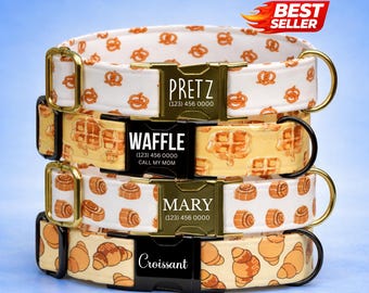 Collar para perro con estampado de pan y repostería, hebilla grabada personalizada, hecho a mano en EE. UU. (OG-495)