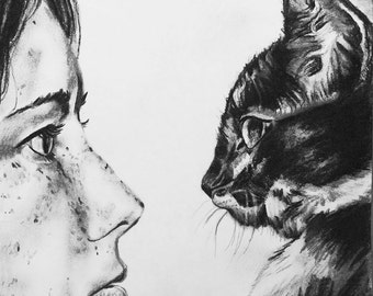 8x10" Archival Print of Original Charcoal and Graphite Drawing- A Girl with Freckles and her Tuxedo kitty