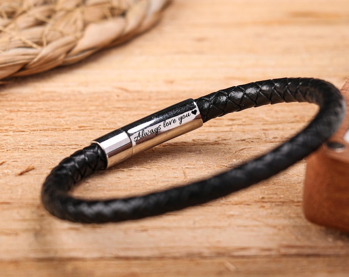 Personalized Leather Bracelet,Engraved Name Bracelet,Custom Bracelet For Men,Men's Hidden Message Bracelet, Father's Day Gift,Men's Gift