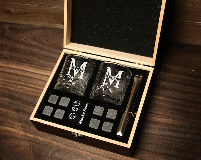 Customized Whiskey Glass Set with Wooden Box, Whiskey Stone Set, Groomsmen Gift, Best Man Gift, Boyfriend Gift, Whiskey Gifts for Him Dad