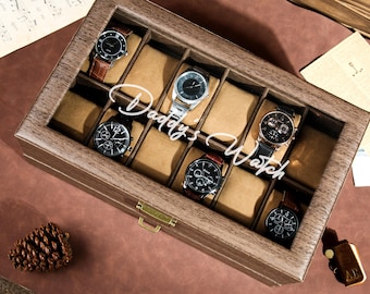 Caja de reloj personalizada de dos capas con 12 ranuras, con cajón para exhibir relojes, regalo de aniversario personalizado para esposo, novio, papá o abuelo.