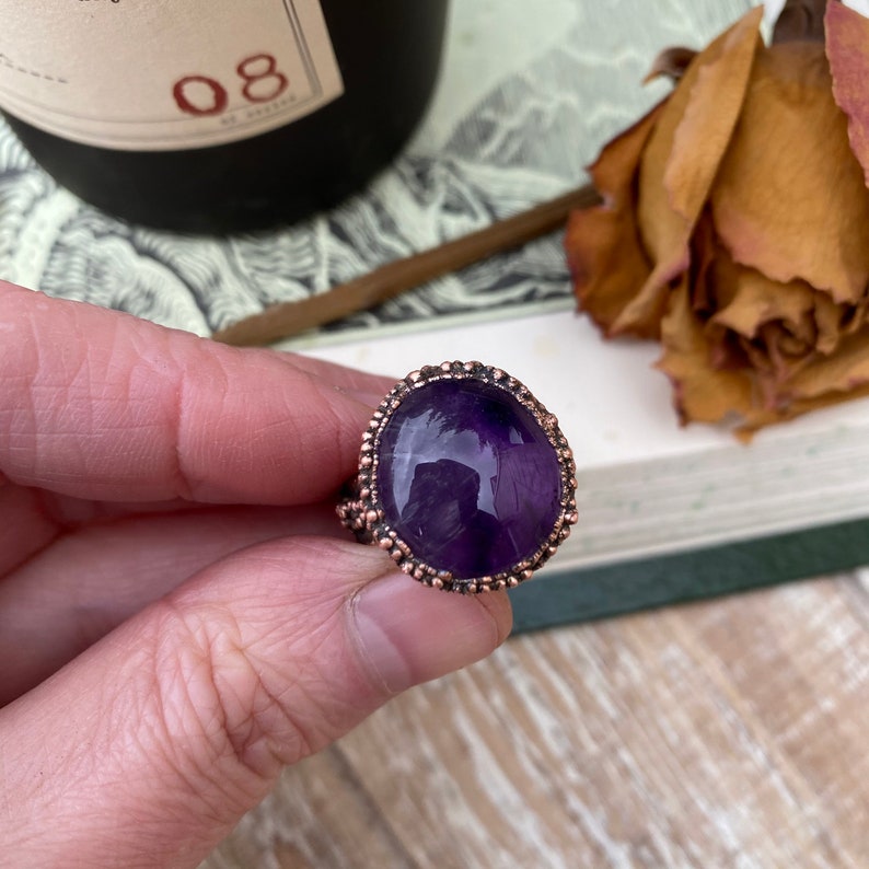 Size 8.75 Electroformed Copper Ring Crystal Ring Amethyst Ring