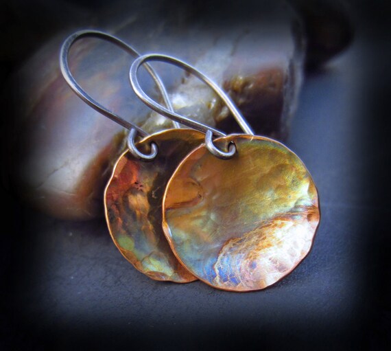 Items similar to Copper Patina Earrings Flame Patina Hammered Copper
