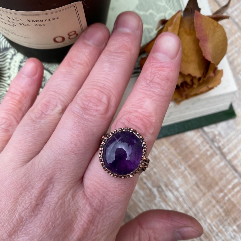 Size 8.75 Electroformed Copper Ring Crystal Ring Amethyst Ring