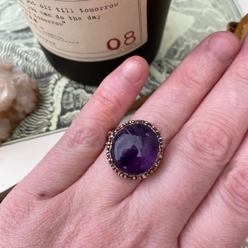 Size 8.75 Electroformed Copper Ring Crystal Ring Amethyst Ring