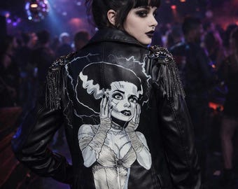 Handpainted Bride of Frankenstein faux leather jacket