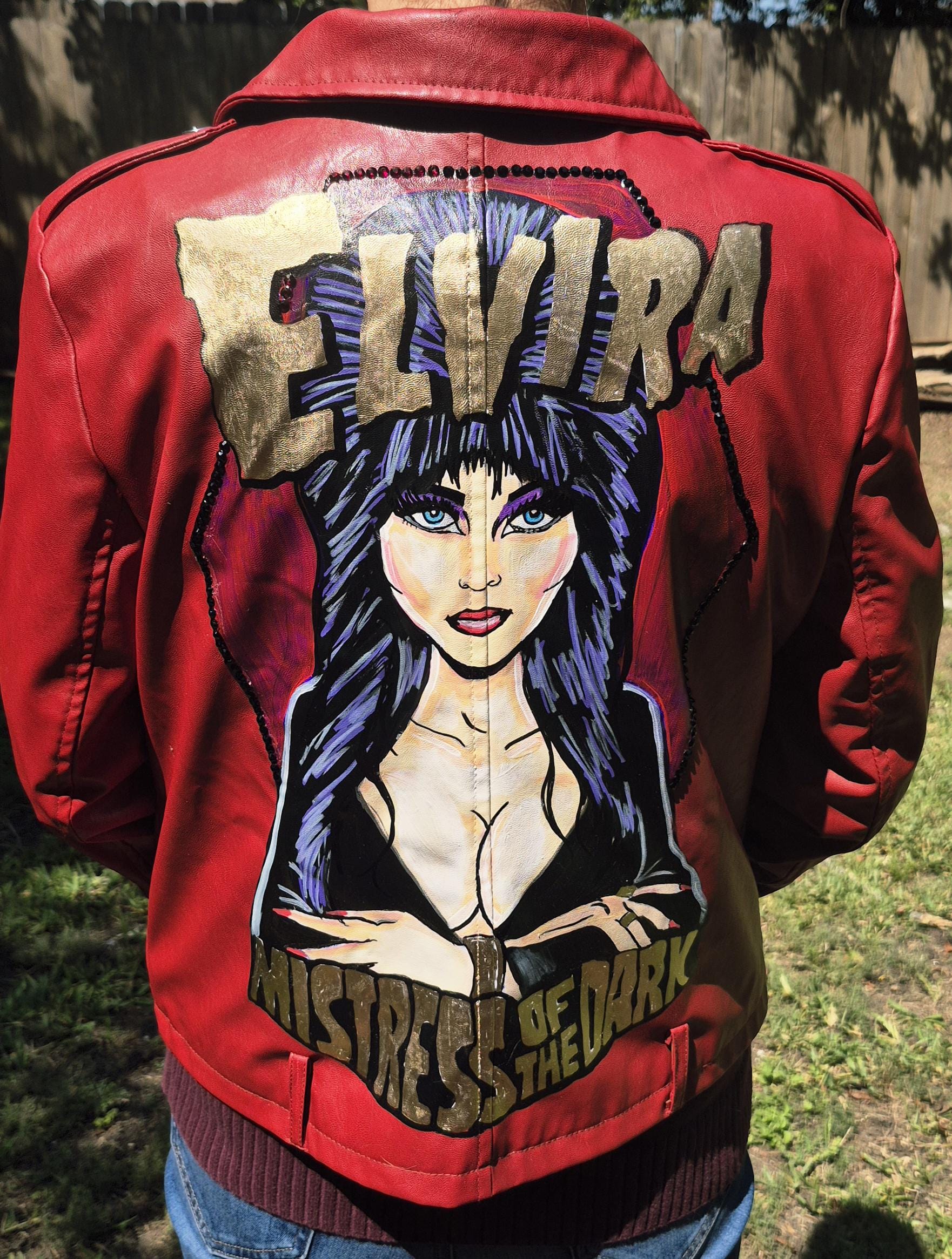 elvira スカジャン Handpainted Elvira Faux Leather Jacket! - Etsy