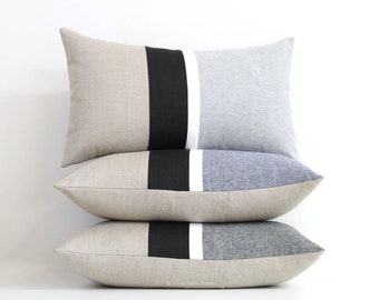 Black & White Chambray Striped Lumbar Pillows - Modern Home Decor by JillianReneDecor (Custom Colors Available) - Pillow Cover