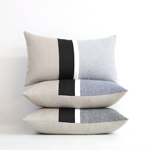 Black & White Chambray Striped Lumbar Pillows Modern Home Decor by JillianReneDecor Custom Colors Available Pillow Cover image 1