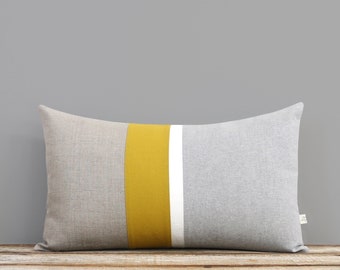 Grey Chambray and Mustard Yellow Striped Lumbar Pillow | Minimal Home Decor by JillianReneDecor (Custom Colors Available) Honey Gold