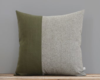 Olive Chambray Colorblock Pillow Cover (20x20) - Modern Home Decor by JillianReneDecor - Cypress Green Pillows