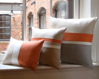 Orange & Gray Chambray Striped Colorblock Pillow Cover Set of 3 - Modern Home Decor by JillianReneDecor