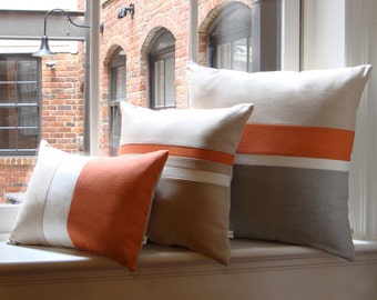 Orange & Gray Chambray Striped Colorblock Pillow Cover Set of 3 - Modern Home Decor by JillianReneDecor