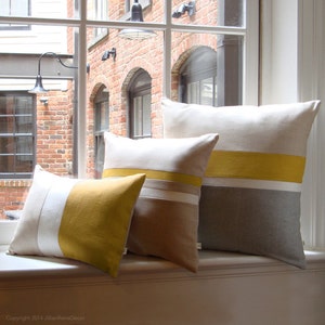 Mustard Yellow & Gray Chambray Striped Colorblock Pillow Cover Set of 3 Modern Home Decor by JillianReneDecor image 1