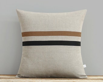Striped Linen Pillow Cover - Caramel, Black and Natural (16x16 or 12x20) Autumn Home Decor by JillianReneDecor, Black and Brown, Masculine