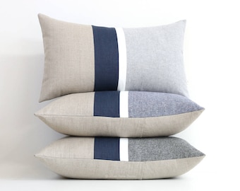 Navy and Gray Chambray Striped Lumbar Pillow Cover (12x20) Modern Home Decor by JillianReneDecor (Custom Colors Available)