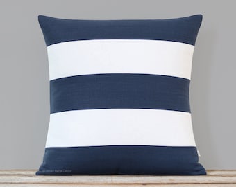 Rugby Striped Pillow Cover in Navy and Cream Linen - Spring Pillows by JillianReneDecor, Nautical Stripes, Blue and White Decorative Pillows