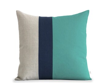 20in Striped Pillow in Mint, Navy and Natural Linen by JillianReneDecor Summer Home Decor Colorblock Grayed Jade Beach House