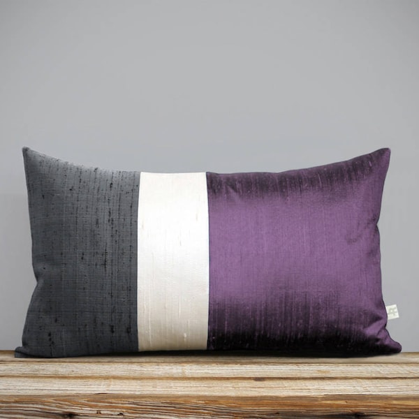 Silk Color Block Pillow (12x20) Ultra Violet, Cream + Gray by JillianReneDecor, Lavender, Purple, Luxury Gift for Her, Pantone 2018