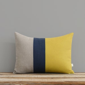 As seen in HGTV Magazine - Color Block Pillow Cover in Mustard Yellow, Navy & Natural Linen by JillianReneDecor Modern Home Decor Honey Gold