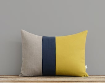 As seen in HGTV Magazine - Color Block Pillow Cover in Mustard Yellow, Navy & Natural Linen by JillianReneDecor Modern Home Decor Honey Gold