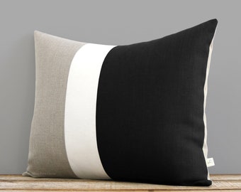 16x20 Color Block Pillow in Black, Cream and Natural Linen by JillianReneDecor - Black and White Home Decor - Striped Trio - (COVER ONLY)