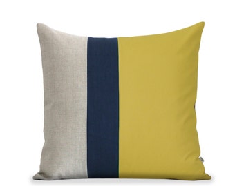 Color Block Pillow Cover 20x20 Mustard Yellow, Navy and Natural Linen by JillianReneDecor Modern Home Decor Colorblock Striped Trio