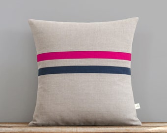 Hot Pink and Navy Striped Linen Pillow Cover - 16x16 - Modern Home Decor by JillianReneDecor - Colorful Colorblock Stripes (More Colors)