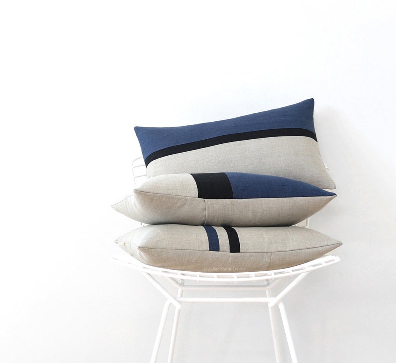 Colorblock Pillow Cover with Navy Blue, Black and Natural Linen Stripes by JillianReneDecor, Modern Home Decor, Stripe Trio, Indigo Blue image 4