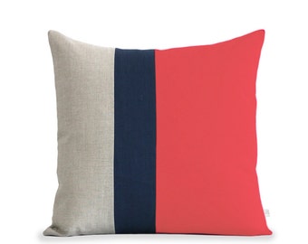 Color Block Pillow (20x20) Coral, Navy and Natural Linen by JillianReneDecor Modern Home Decor Colorblock Striped Trio