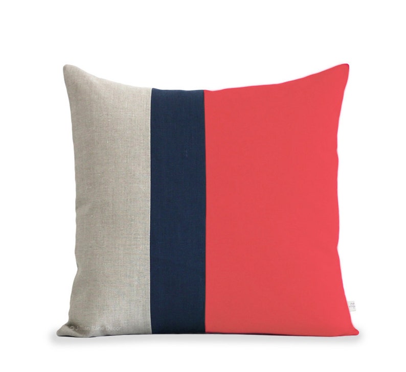 Color Block Pillow 20x20 Coral, Navy and Natural Linen by JillianReneDecor Modern Home Decor Colorblock Striped Trio image 1